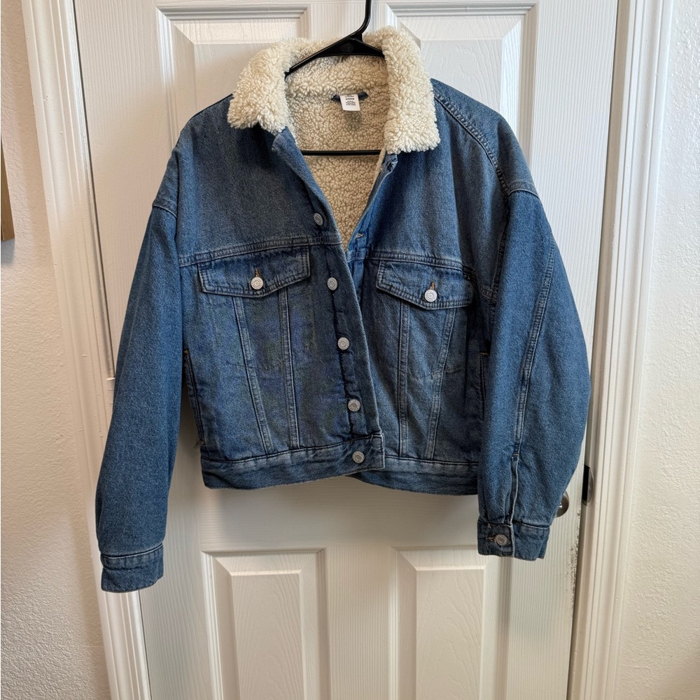H&M Blue Jean Jacket with White Sherpa Collar